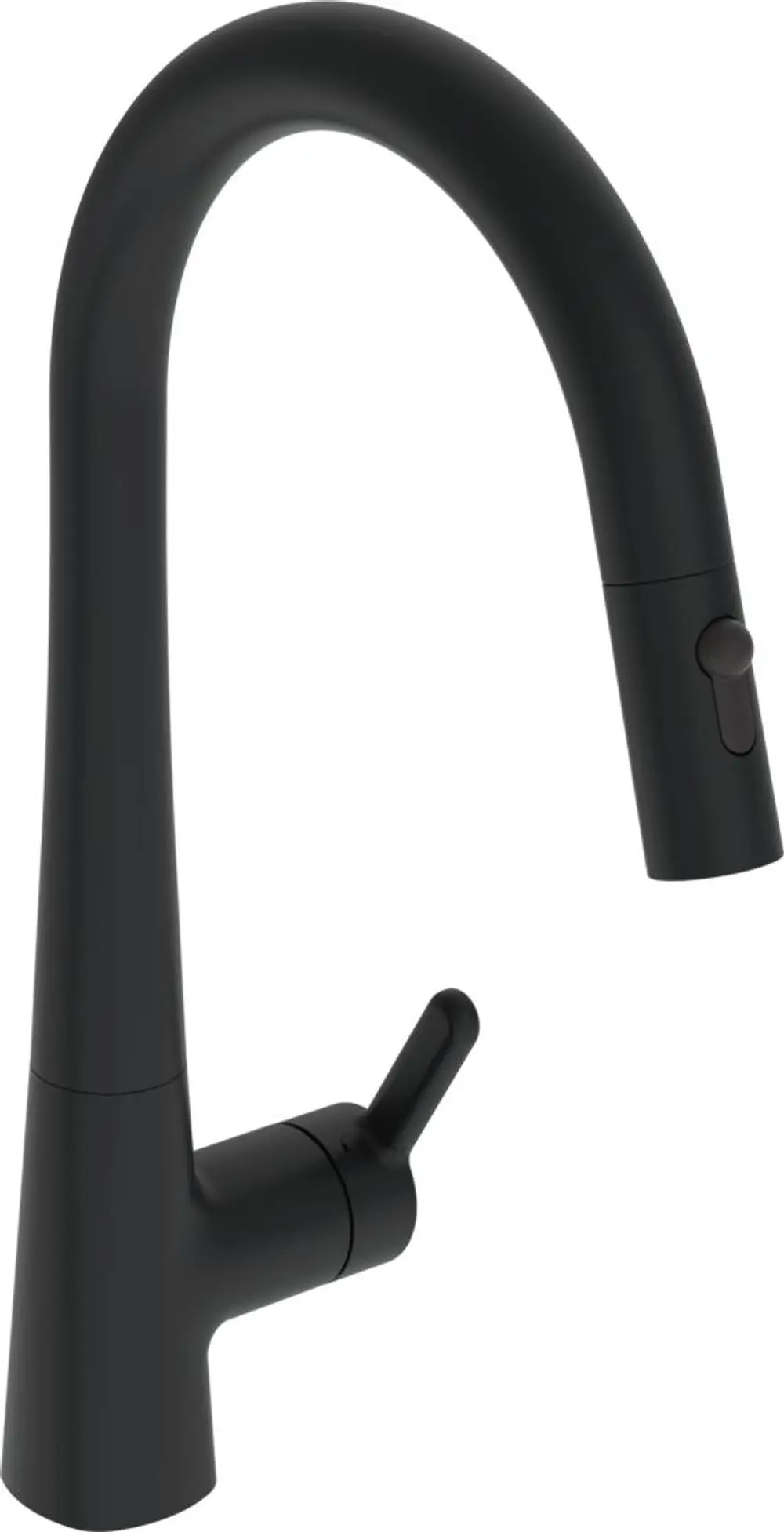 Schwarze Küchenarmatur von HANSA mit hohem, gebogenem Auslauf und seitlichem Bedienhebel. Design fördert die Flexibilität beim Befüllen von Töpfen und Behältern.